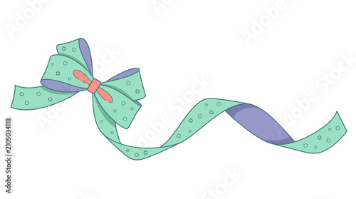 Un ruban décoratif vert menthe avec un motif à pois et un nœud élégant, illustré dans un style dessin animé plat sur un fond blanc pur, idéal pour les projets de design festifs.
