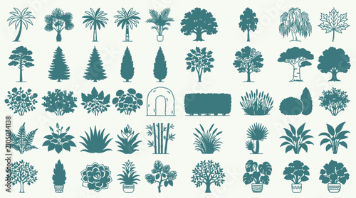 Eine Sammlung von stilisierten Vektor-Illustrationen verschiedener Bäume, Sträucher und Pflanzen in verschiedenen Formen und Größen.