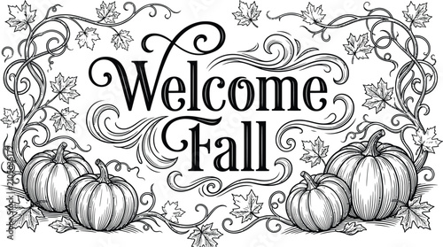 Welcome fall silhouette vintage pumpkin and maple leaf autumnal design