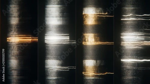 Abstract Futuristic Background Featuring Vertical Metallic Pillars With Glowing Horizontal Neon Light Trails And Flares