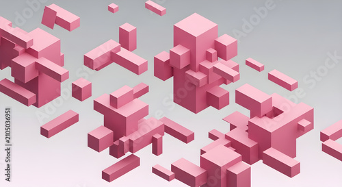 Abstract 3D Geometric Pink Blocks Composition Featuring Floating Rectangular Prisms and Cubes for Modern Digital Graphic Backgrounds