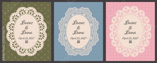 Wedding invitation poster with oval scallop lace frames. Elegant doily trim and floral crochet outline on colorful background. Romantic vector template.