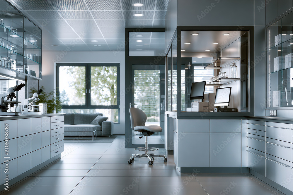 Fototapeta premium Modern laboratory interior with minimalist design, glass cabinets, scientific equipment, and natural light creating clean, professional atmosphere