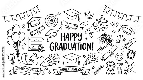 Fotografie Happy graduation doodle style with caps diplomas and balloons.