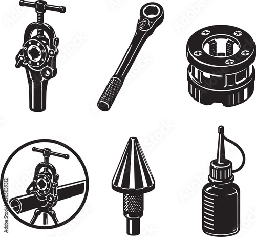 Foto Pipe Threading Tools Black Silhouette Vector Icon Set Manual Threader Ratchet Di