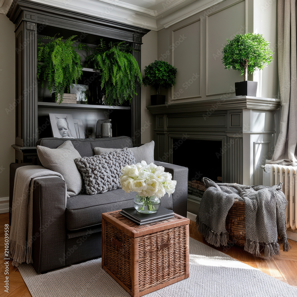 Obraz premium Cozy living room armchair with gray cushion, knit pillow, wicker table, green plants, and elegant fireplace, natural light ambiance