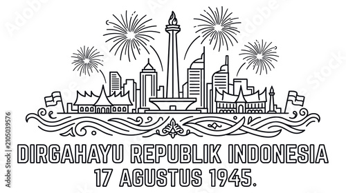 Fotografie Monas monument skyline with fireworks celebrating indonesia independence day
