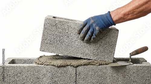 A close-up of a construction workers gloved hand placing a concrete block onto a foundation with cement mortar, isolated on a white background