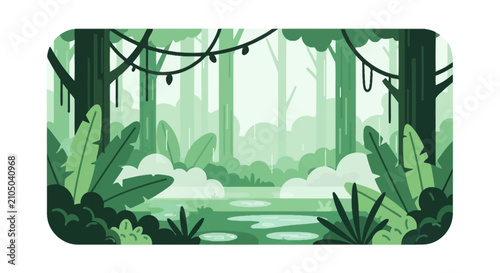 Tropical rainforest landscape with lush green trees and hanging vines