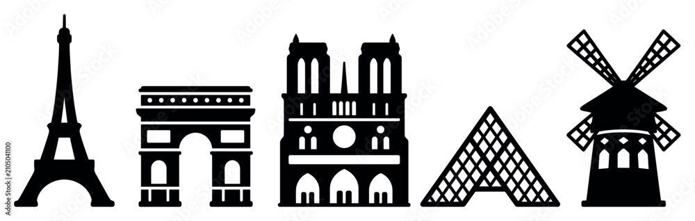 Fototapeta premium Paris landmark icons set. Famous French architecture and travel concept. Includes Eiffel Tower, Arc de Triomphe, Notre Dame, Louvre Pyramid, Moulin Rouge. Solid black silhouette style