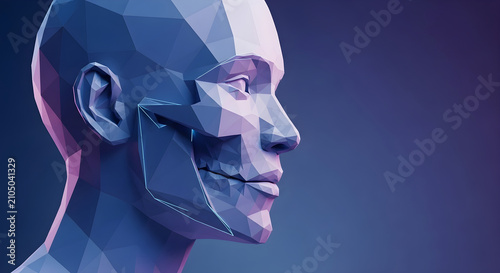 Digital human head portrait with a geometric low poly mesh structure and abstract futuristic lighting for advanced artificial intelligence and cybernetic technology concepts