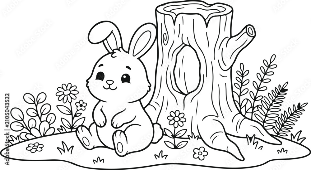 Naklejka premium Cute cartoon rabbit sitting near a tree stump