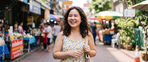 Smiling woman walking in vibrant market, surrounded by colorful stalls and people