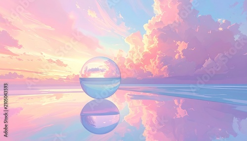 Pastel dreamscape - A crystal ball reflecting a serene sunset.