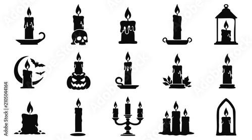 Obraz na płótnie Halloween Candle Silhouette Icon Set with Skull Pumpkin Bats and Candelabra Isol