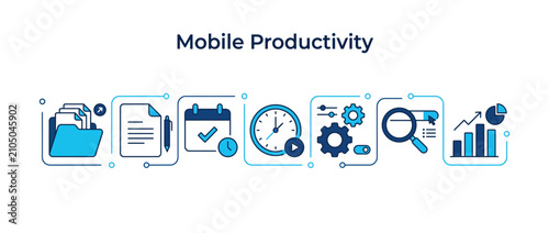 Mobile productivity icons set. Business workflow and time management vector illustration.