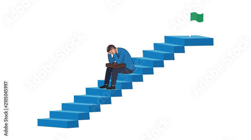 Canvastavla Sad businessman sitting on blue stairs feeling hopeless while looking at a dista