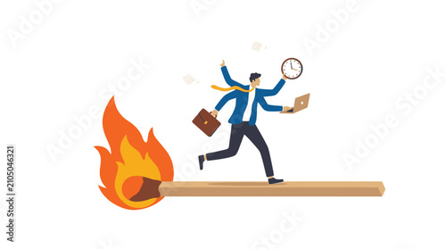 Professional businessman multitasking while running fast across a burning matchstick in this flat vector graphic illustration