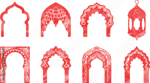 Fotografie A collection of eight ornate red Islamic architectural archways and lantern silh