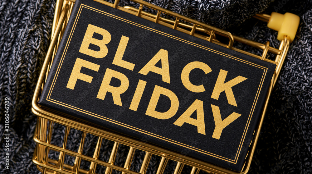 Obraz premium Black Friday sale concept with gold shopping cart and luxury gift box on knit background