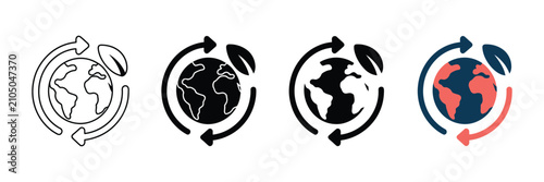 Eco friendly globe icons with recycling arrows and leaf, sustainable earth planet symbols in four styles, environmental conservation vector set