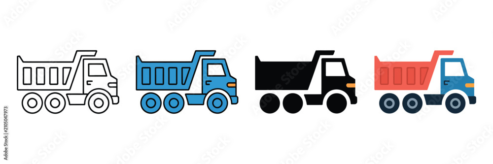 Fototapeta premium Dump truck icon set in four styles, construction vehicle vector illustrations, heavy machinery tipper truck symbols for logistics and industry