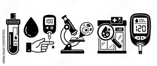 Diabetes and blood glucose testing icons. Medical diagnostic equipment for clinical analysis.