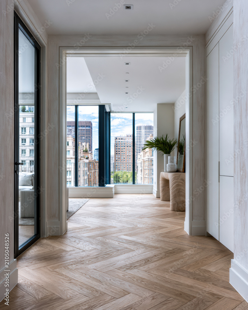 Fototapeta premium Contemporary apartment entrance with wood floor, large window, city view, modern decor, natural light, and indoor plant create welcoming