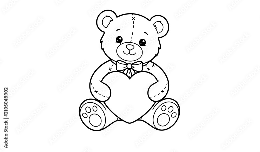 Fototapeta premium Adorable Baby Teddy Bear Holding Heart Outline Coloring Page Vector
