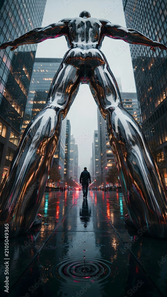 Fototapeta premium Modern Art Installation of Giant Silver Human-Like Sculpture in Urban City Center