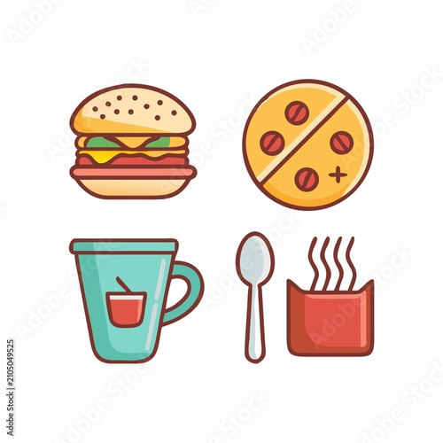 Food and drink icon set with coffee, burger, pizza, and utensils