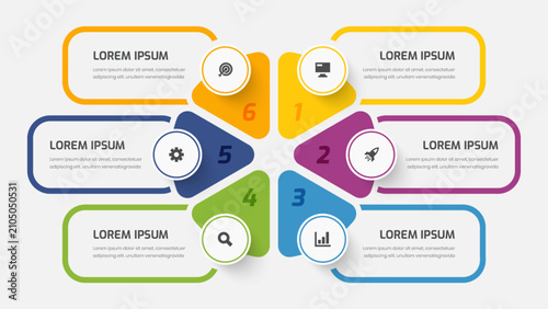Six Numbers Circular Infographic Template Layout with Icons for Business Workflow Presentation