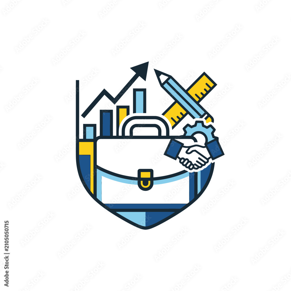 Naklejka premium Business project management icon with handshake and tools.