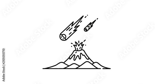 Fotografie Simple line art of erupting volcano and falling meteors