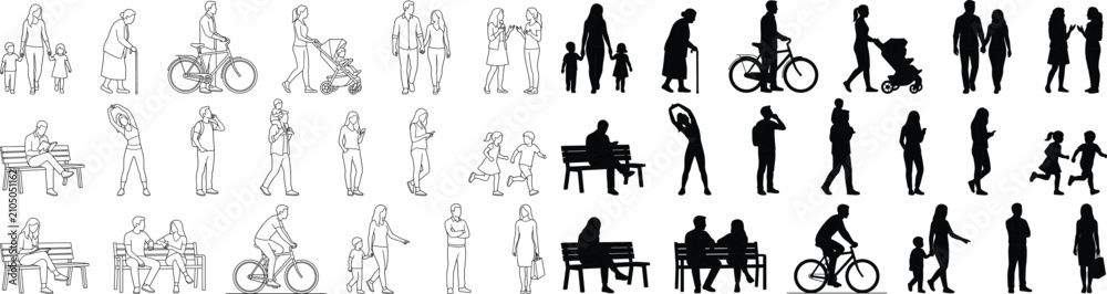 Obraz premium People Silhouette and Outline Collection with Walking, Cycling, Family, Parenting, Sitting, and Everyday Lifestyle Vector Poses