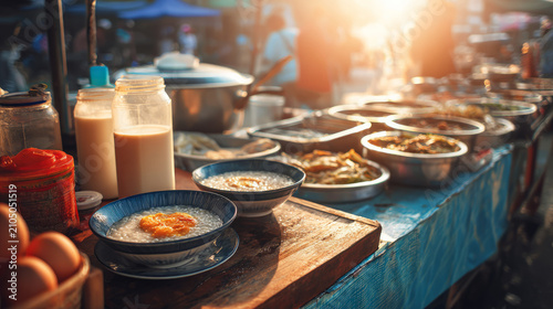 Colorful street food market during sunset featuring a variety of tasty dishes and fresh local ingredients