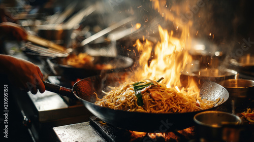 Vibrant cooking action featuring flames and stir fried noodles in a bustling restaurant kitchen environment