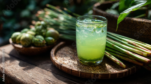 Invigorating herbal beverage featuring lemongrass and fresh components arranged on a rustic wooden tray