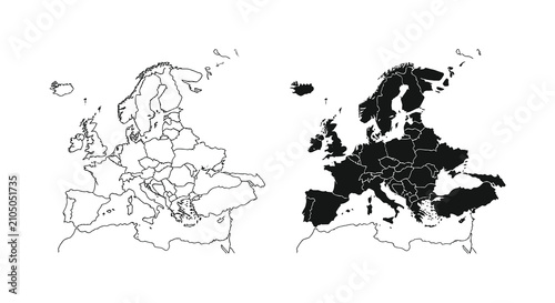 European map outlines with contrasting tones a black and white silhouette