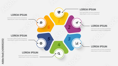Modern Business Infographic Diagram Template with 6 Numbers, Hexagonal Layout