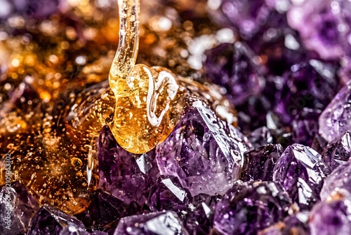 Macro close-up of crystallized honey dripping over crushed amethyst gemstones, luxury geometric texture background
