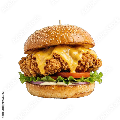 Crispy fried chicken burger with melted cheddar cheese isolated on transparent background