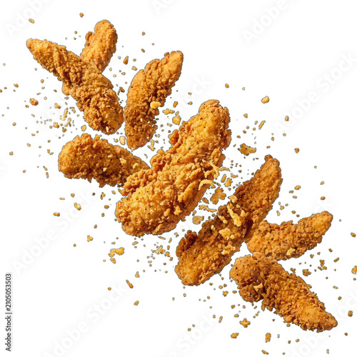 Crispy breaded chicken tenders falling in the air isolated on transparent background