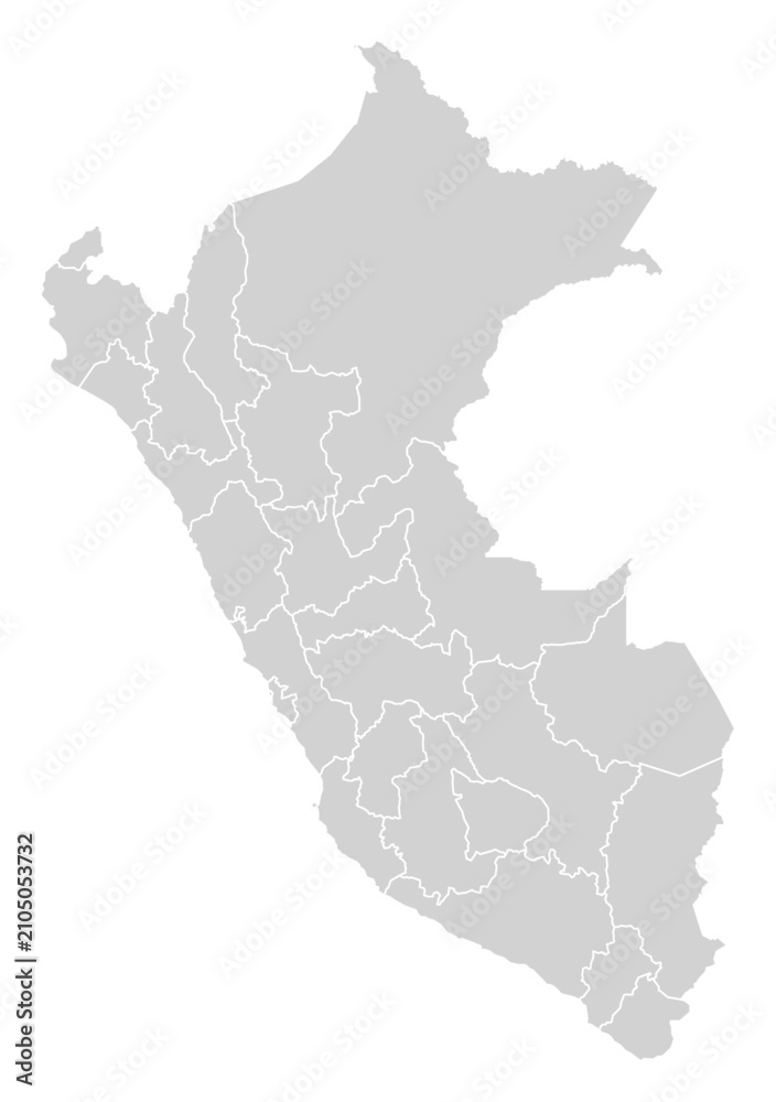 Fototapeta premium Grey with White Outline Peru Map with District Borders American Country