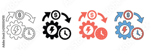 Business process optimization icons, financial management and productivity symbols, set of 4 vector icons for workflow efficiency and revenue growth