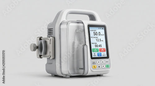 Medical infusion pump delivering intravenous therapy. Smart digital IV device controlling fluid dosage for patient care.