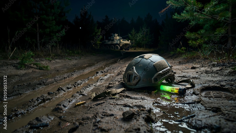 Fototapeta premium Military Helmet and Ammunition on Muddy Forest Road at Night with Tank in Background