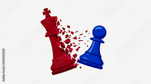 blue chess pawn smashing and shattering a large red king piece, symbolizing victory, disruption, and strategic breakthrough.