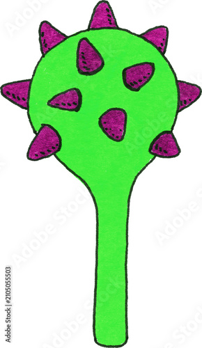 Foto Bright green round goblin club illustration featuring purple spikes, hand-drawn colored pencil monster mace for kids Halloween party theme asset, isolated on transparent background