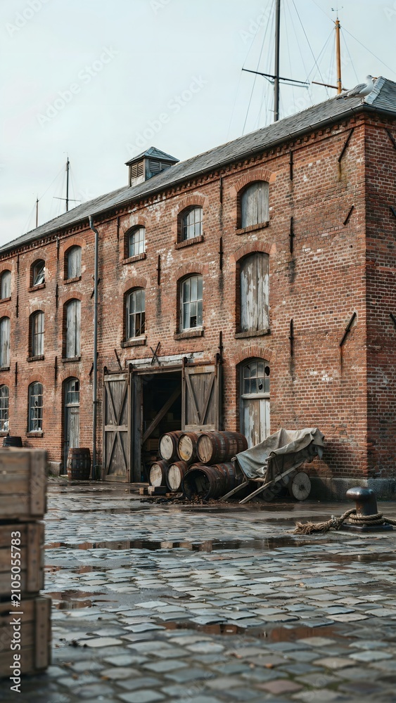Fototapeta premium Historic Brick Warehouse with Dock and Wooden Barrels in a Maritime Setting